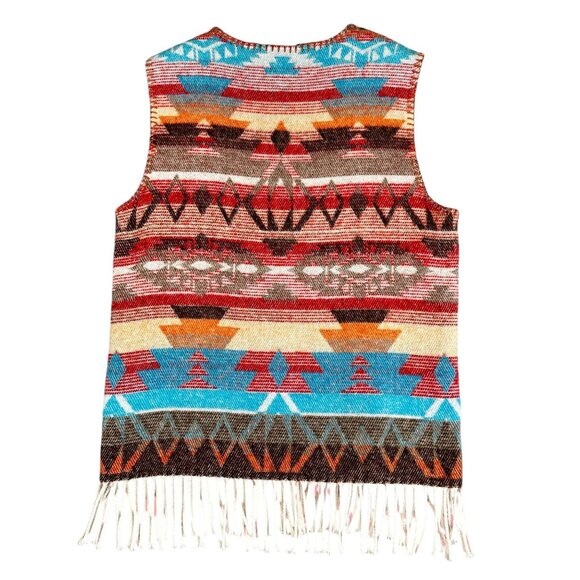Womens Fall Soft Wool Blend Blanket Vest Fringe Western Aztec Pattern Outerwear - Picture 9 of 10